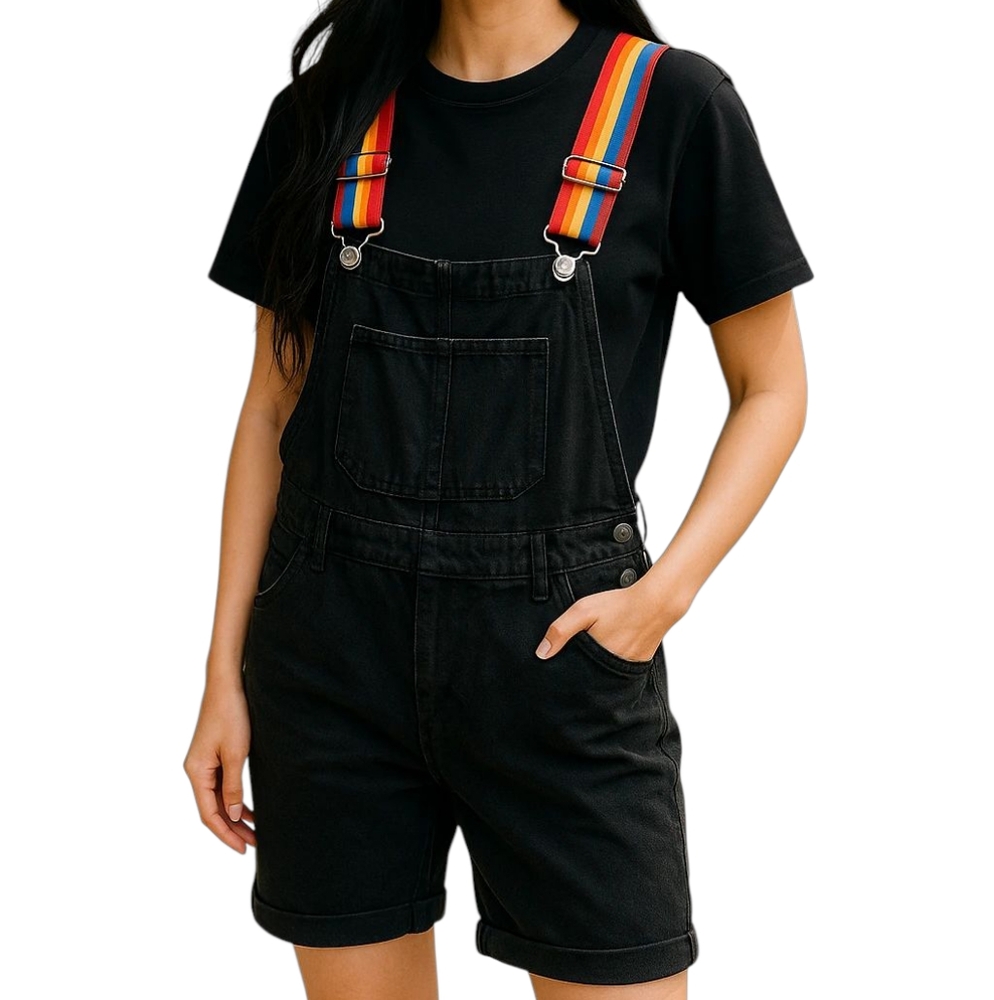 Bershka Black Denim Overall Shorts with Rainbow Straps